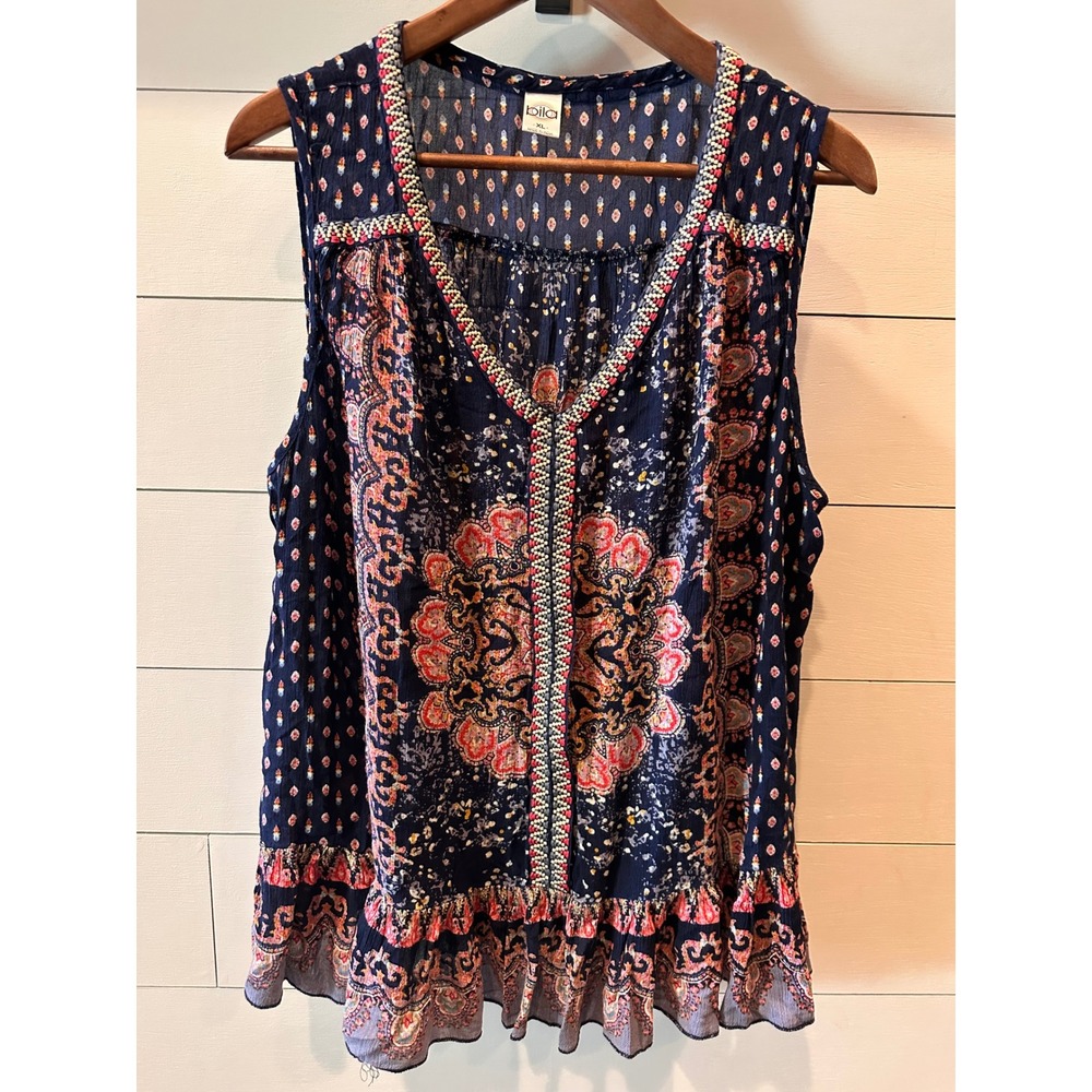 Bila Navy Blue Boho Paisley Ruffle Hem Sleeveless Blouse XL Embroidered Trim
